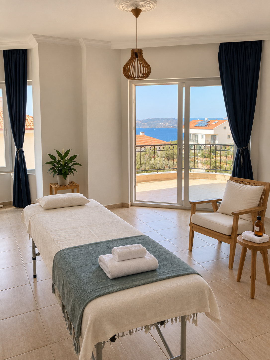 The bright treatment studio in Kaş with a sea-view balcony